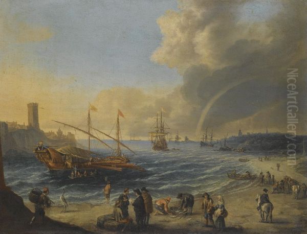 A Mediterranean Harbour Scene With An Ottoman Barge And Other Boats, Figures On The Beach, A Rainbow In The Distance Oil Painting by Cornelis de Wael