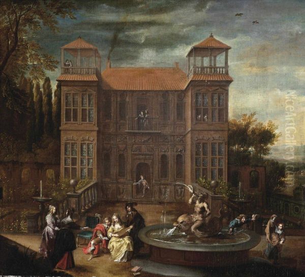 An Elegant Company Making Merry By A Fountain In Front Of Ahouse Oil Painting by Cornelis de Wael