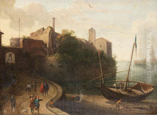 Port With Figures Oil Painting by Lucas De Wael