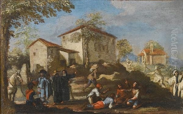 Children Playing, Travellers And Huntsmen In A Village Oil Painting by Lucas De Wael