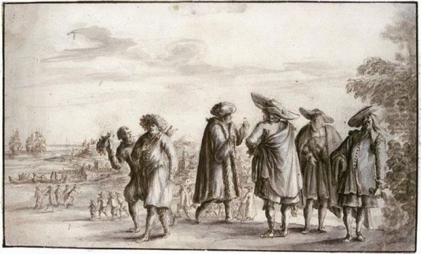 A Group Of Merchants, With A Coastal Landscape Behind Oil Painting by Lucas De Wael