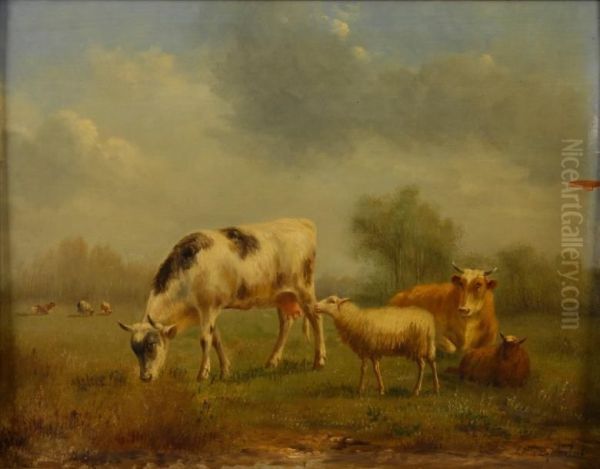 Moutons Et Vaches Au Paturage Oil Painting by Arthur De Waerhert