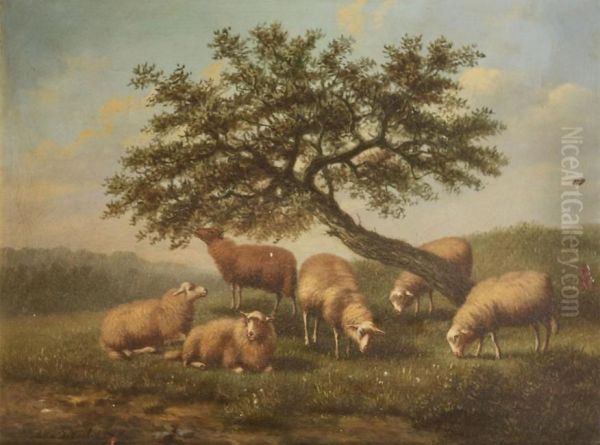 Landscape With Sheep Under A Tree Oil Painting by Arthur De Waerhert