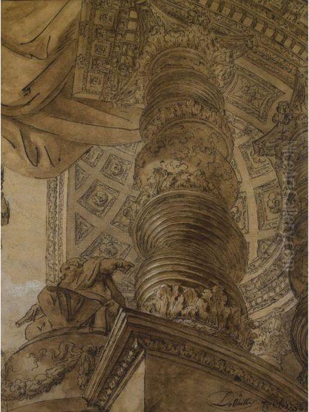 An Architectural Capriccio: A General Seated Under An Apse, Asolomonic Column In The Foreground Oil Painting by Charles de Wailly