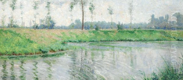 View Of The Leie Withthe Towers Of Ghent In The Distance (1897) Oil Painting by Anna de Weert