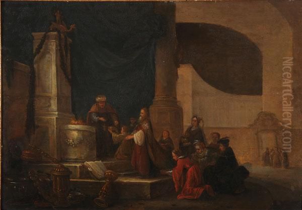 Figures Offering A Sacrifice In A Temple Oil Painting by Jacob Willemsz de Wet the Elder