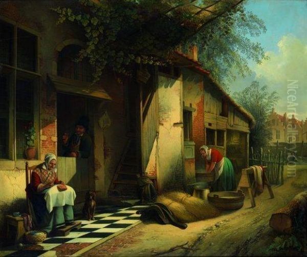 Scene De La Vie Familiale Sur Le Pas De La Porte Dans Une Petiteville Du Nord Oil Painting by August De Wilde