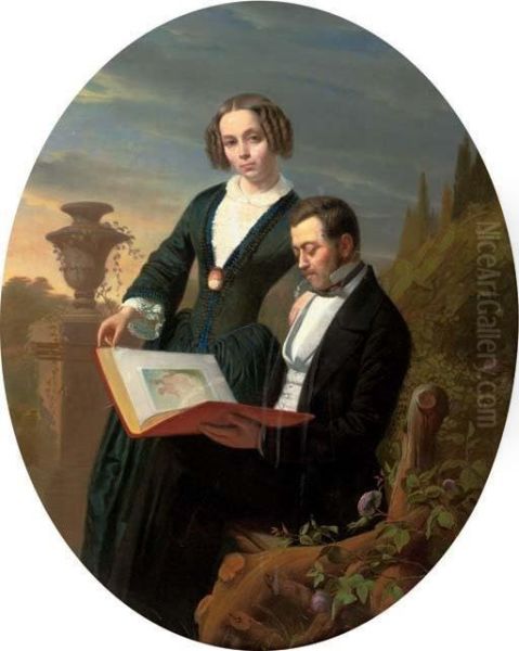 Portrait Of Marie And Louis Verstraeten In The Garden Oil Painting by August De Wilde