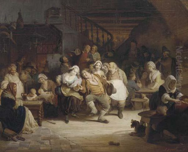 Figures In A Tavern Oil Painting by August De Wilde