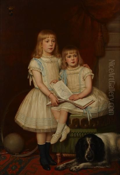 A Portrait Of Two Young Girls With A Spaniel Oil Painting by Frans De Wilde