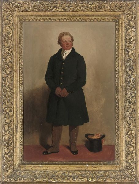 Portrait Of A Gentleman, Full-length, In A Blue Coat And White Shirt, A Top Hat And Scarf Beside Him Oil Painting by Samuel de Wilde