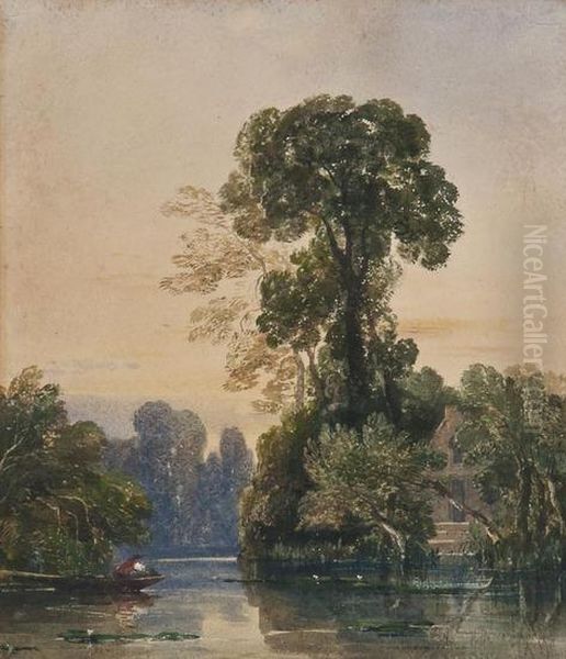 River Scene With Cottage And Fishing Punt Oil Painting by Peter de Wint