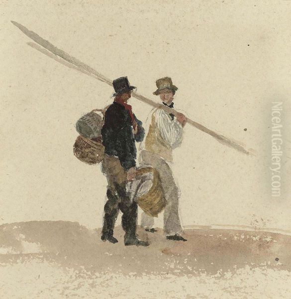 Fishermen Carrying Oars And Lobster Pots With Inscription Oil Painting by Peter de Wint