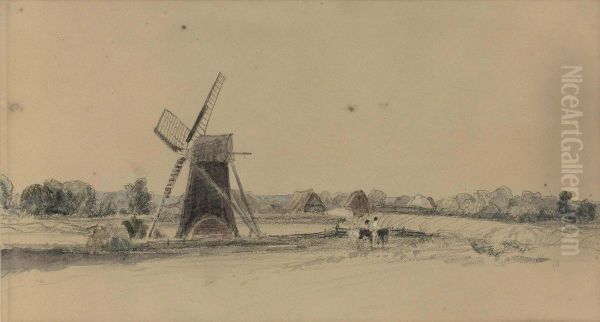 Figures Beside A Windmill, A Village Beyond Oil Painting by Peter de Wint