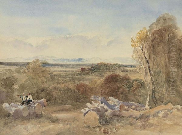 Figures Resting On Felled Logs, Westmoreland Hills Oil Painting by Peter de Wint