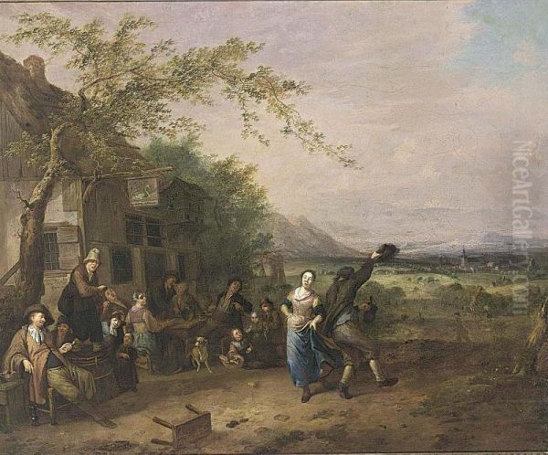 A Couple Dancing, Other Figures Watching And Sitting Outside An Inn Oil Painting by Gillis de Winter