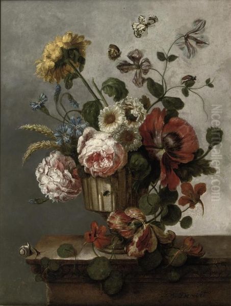 Roses, Cornflowers, Tulips And Other Flowers In An Urn Oil Painting by Petrus Josephuss De Wit