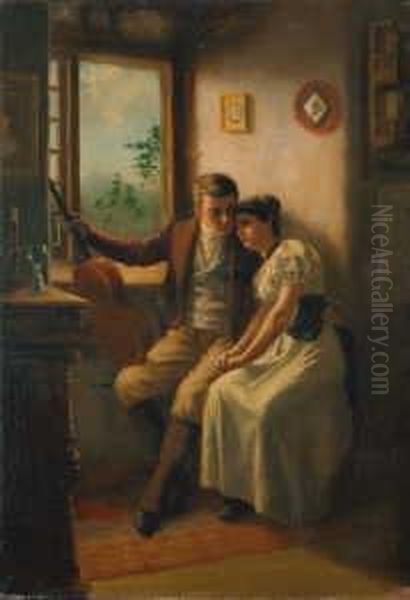 Biedermeierliches Junges Paar Am Fenster. Signiert Unten Rechts: R. De Witt. Ol Auf Leinwand. H 111; B 77 Cm. Oil Painting by Reinhold De Witt