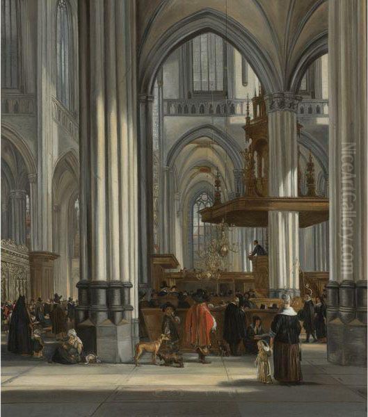 The Interior Of The Oude Kerk, Amsterdam With A Sermon Inprogress Oil Painting by Emanuel de Witte