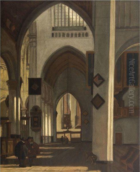 Male Figures And A Dog In A Side Aisle Of A Protestant Gothicchurch Oil Painting by Emanuel de Witte