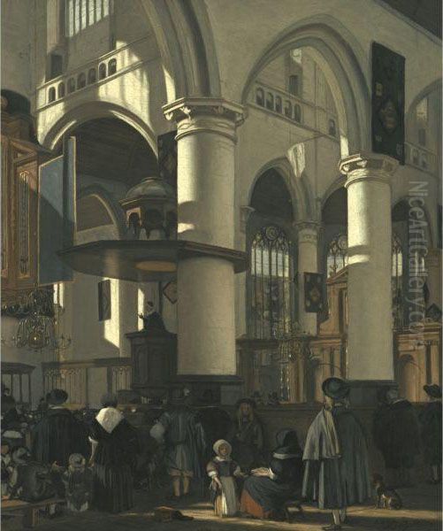 The Interior Of The Oude Kerk In Delft, From The South Aisle To Thecrossing, Towards The Noth-east, During The Preaching Of Asermon Oil Painting by Emanuel de Witte