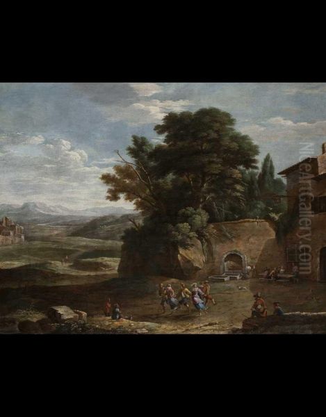 Paesaggio Campestre Con Contadini Che Danzano Oil Painting by Caspar Andriaans Van Wittel