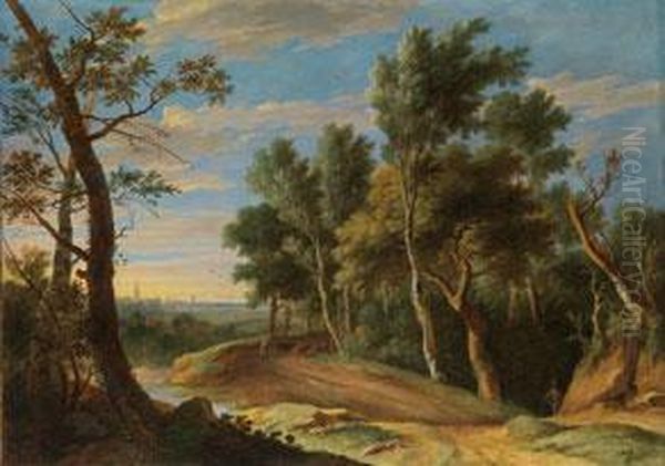 Waldlandschaft Mit Rinderhirten Oil Painting by Caspar Andriaans Van Wittel