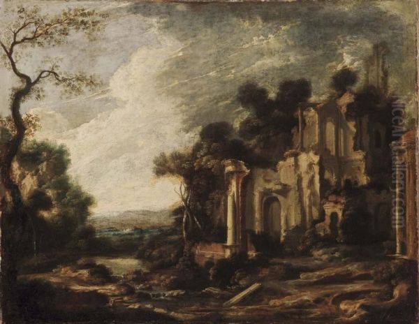 Rovine Classiche In Paesaggio Collinare Con Veduta Di Fiume Oil Painting by Peter (Peter Candid) Witte