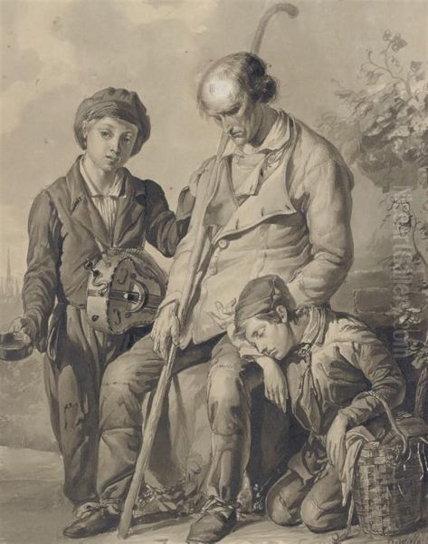 A Blind Beggar With Two Young Boys, One With A Hurdy-gurdy Oil Painting by Jacob De Witte Van Citters