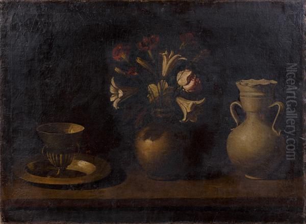 Nature Morte Au Bouquet De Fleurs Et Aux Pots De Gres Sur Un Entablement Oil Painting by Francisco De Zurbaran