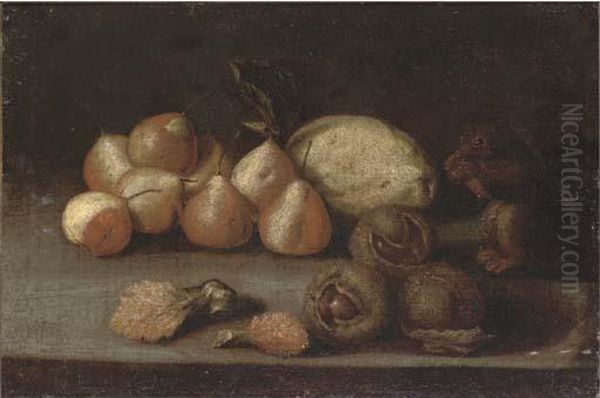 A Squirrel, Pears, A Melon, Lychees And Chestnuts On A Ledge Oil Painting by Juan de Zurbaran