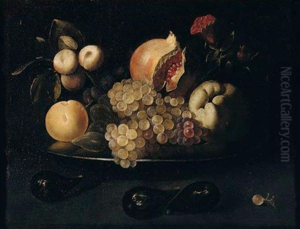 Still Life Of Grapes, Pomegranates, Apples, Peaches, Plums And Figs, On A Silver Dish, Together With Figs And A White Grape Arranged Upon A Table Top Oil Painting by Juan de Zurbaran