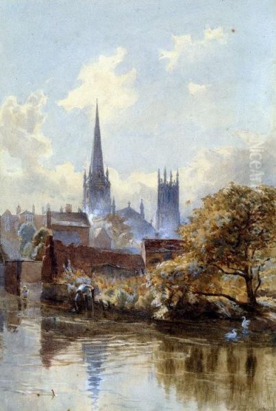 Derby Cathedral From The River Oil Painting by Augustus Oakley Deacon