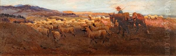 Drover With Mule And Sheep In An Extensive Landscape by Frank Dean