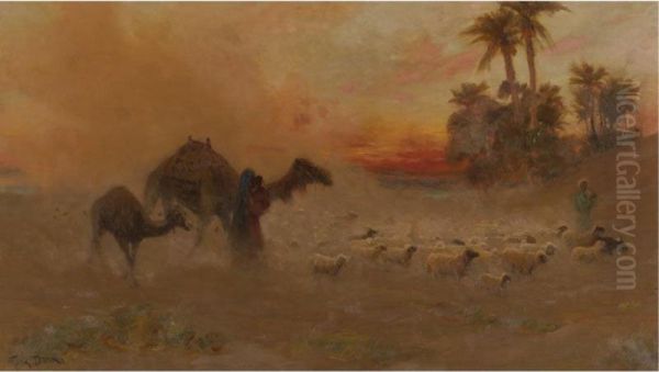 Sheepherders Returning At Sunset, Egypt Oil Painting by Frank Dean