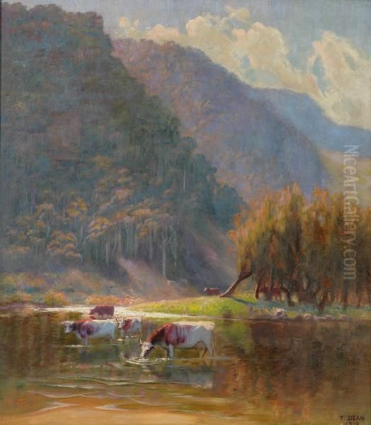 Cattle Drinking Oil Painting by Thomas Dean