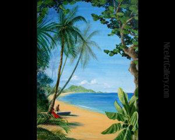 Caribbean Beach Scene And A Tropical Colonial House And Garden Oil Painting by William Wood Deane