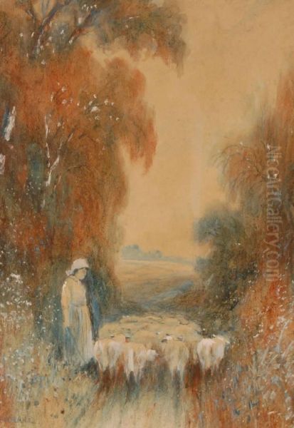 Shepherdand Sheep On A Country Lane Oil Painting by William Wood Deane