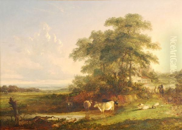 Cattle By A Stream With An Extensive Landscape Beyond Oil Painting by John Dearman Birchall