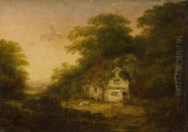 Figures And Cattle Beside A Cottage In A Wooded Landscape Oil Painting by John Dearman Birchall