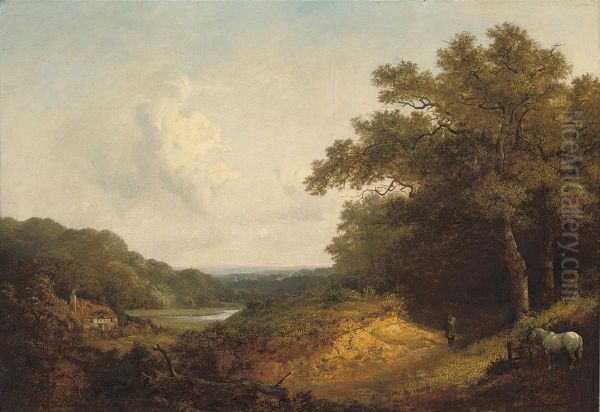 Figure With A Pony By A Track In An Extensive Wooded Landscape,near Guildford Oil Painting by John Dearman Birchall