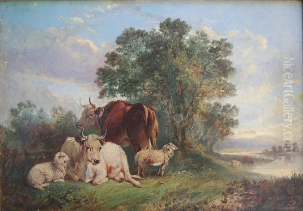 Dearman Cattle And Sheep In A River Landscape Oil On Canvas 25.5 X 36.5cm Oil Painting by John Dearman Birchall