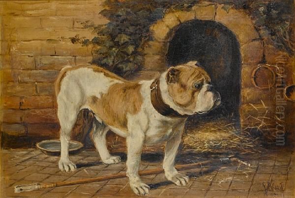 Bulldog By A Kennel Oil Painting by Raymond Dearn