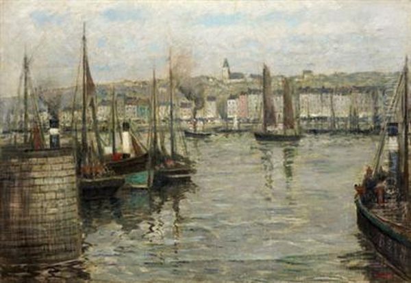 Fishing Boats In A Harbor Oil Painting by Henry Golden Dearth