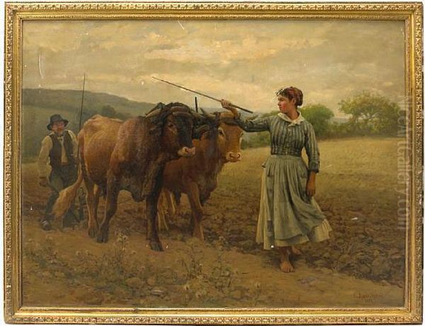 Plowing Of The Fields Oil Painting by Edouard Bernard Debat-Ponsan