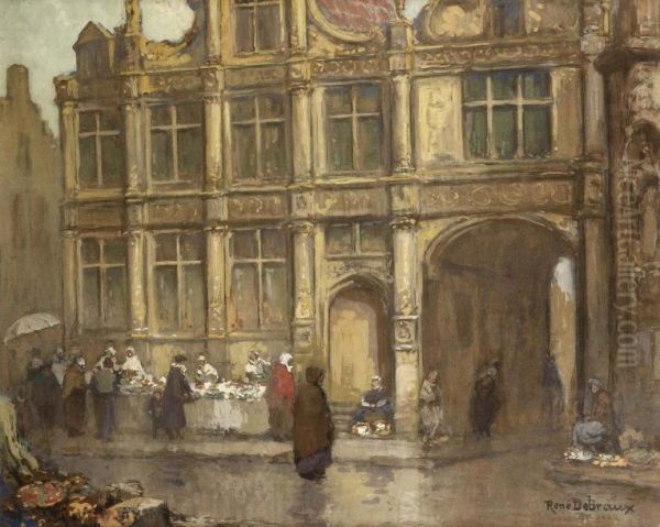 Rue Animee Bruges Oil Painting by Rene Charles Louis Debraux