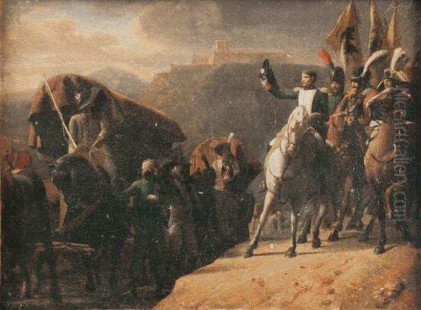  Napoleon Ier Saluant Un Convoi De Blesses Autrichiens Et
Rendant Hommage Au Courage Malheureux.  Oil Painting by Jean-Baptiste Debret