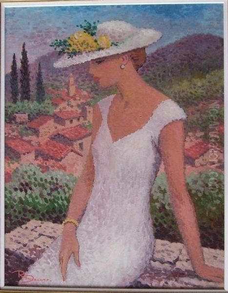 Elegante Appuyee Sur Un
 Muret Surplombant Un Village Oil Painting by G. Decamp