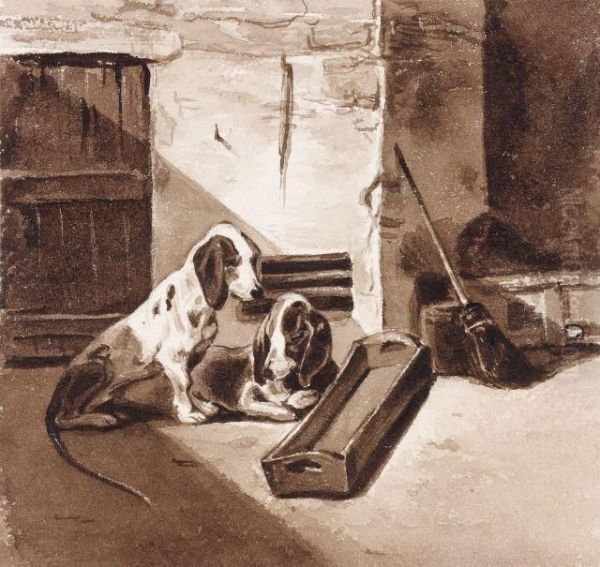 Chiens Au Chenil Oil Painting by Alexandre Gabriel Decamps