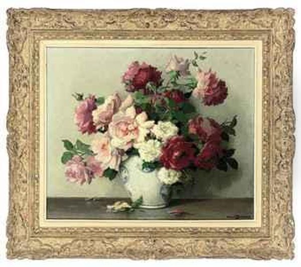 Roses In A Chinese Vase Oil Painting by Maurice Decamps